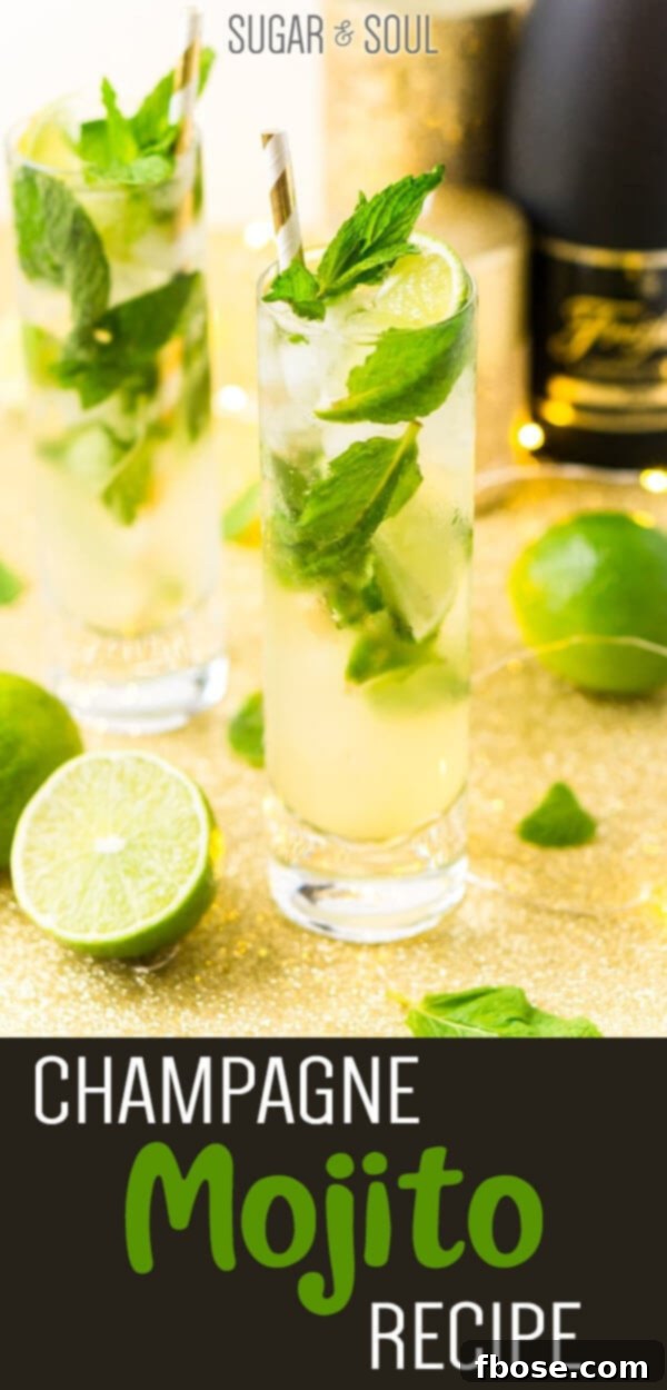 A vibrant and refreshing Champagne Mojito in a highball glass, garnished with fresh mint and a lime wedge. This bubbly cocktail is perfect for any festive occasion.