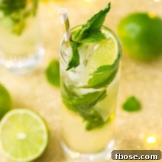 Top down view of a champagne mojito in a tall glass with crushed ice, mint, and lime.