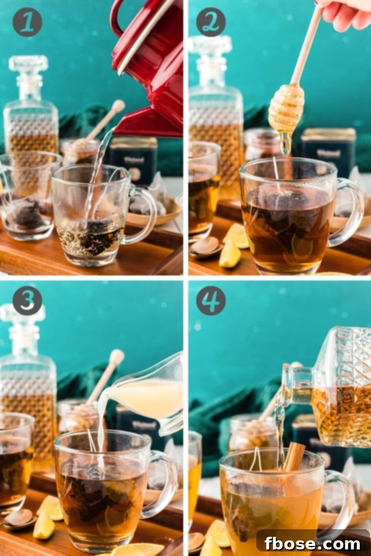 Step by step photo collage showing how to make a hot toddy, from steeping tea to adding ingredients and garnishing.