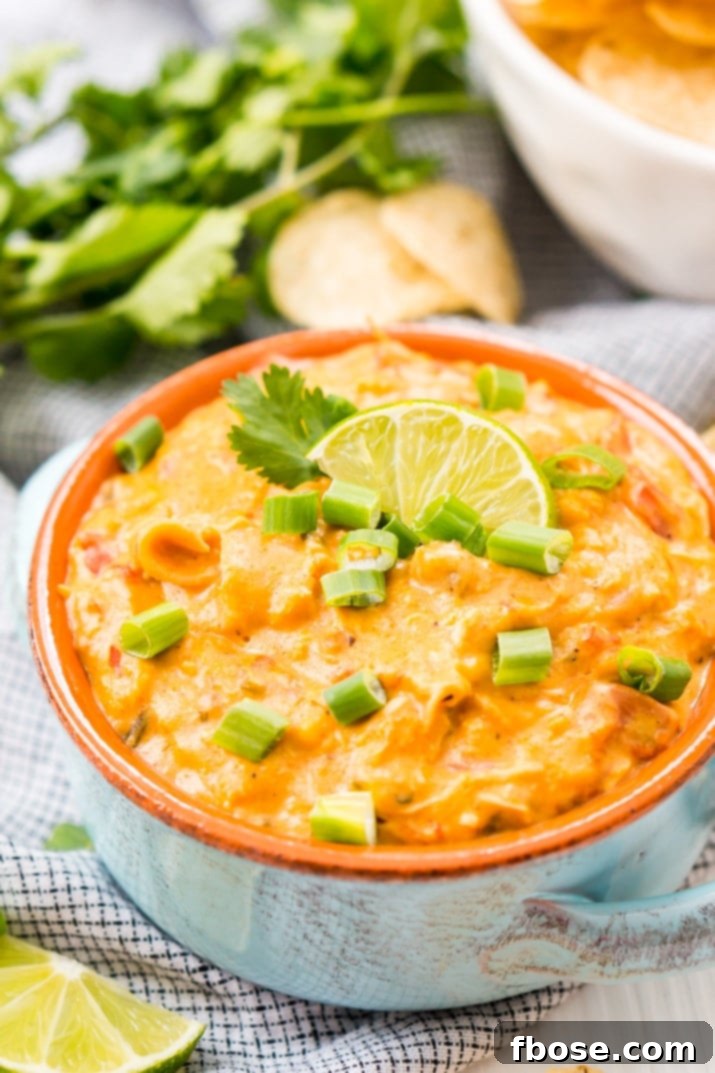 This Slow Cooker Chicken Queso Dip is an easy and addicting party dip made with shredded chicken, cheese, green chiles, tomatoes, green onions, and lots of spice!