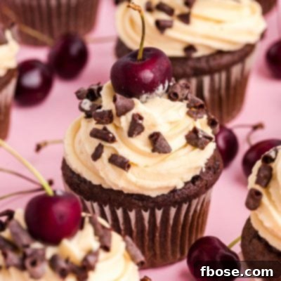 Black Forest Cupcakes on a pink surface surrounded by cherries.
