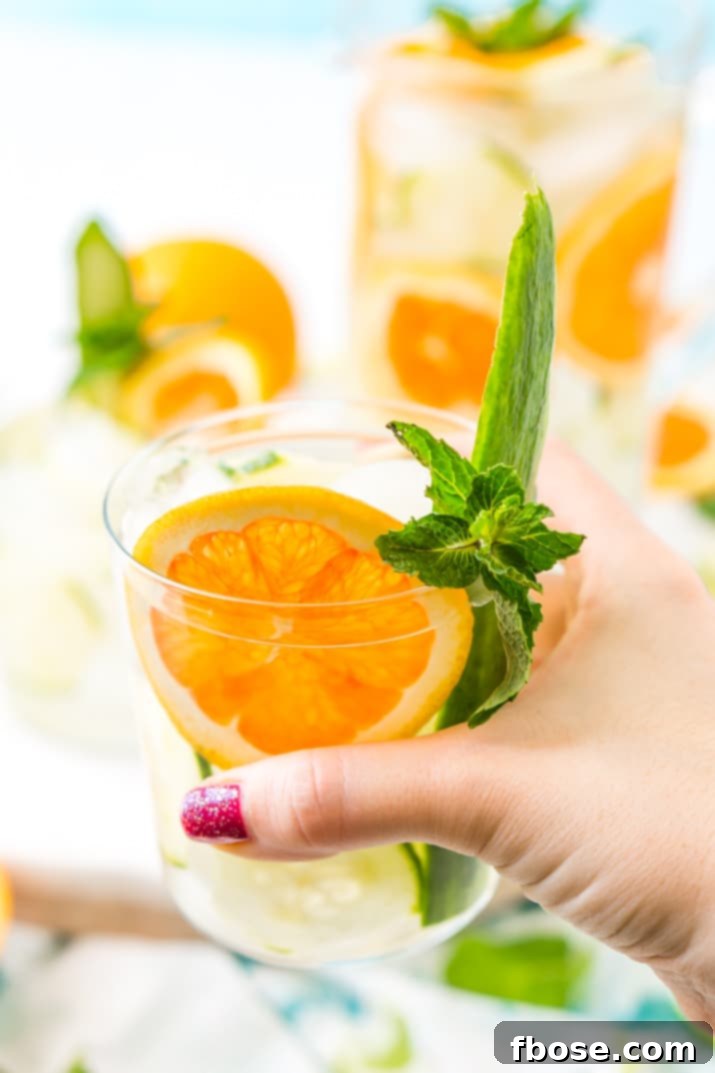 Crisp Orange Cucumber Delight 6 Close-up of Cucumber Water with Orange Slices and Mint Leaves