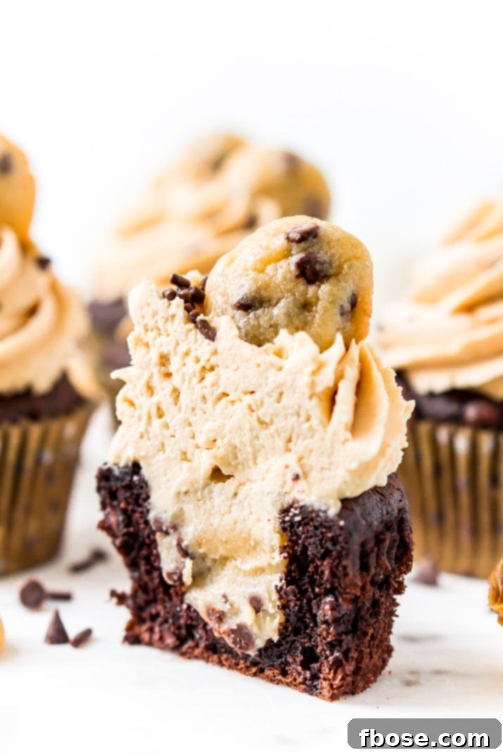 Cookie Dough Stuffed Peanut Butter Chocolate Cupcakes 6 Cookie Dough Stuffed Cupcakes with Peanut Butter Frosting