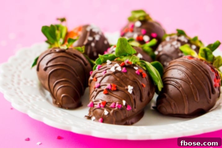 A trio of beautifully decorated chocolate covered strawberries on a white platter, showcasing the smooth, uncracked chocolate.