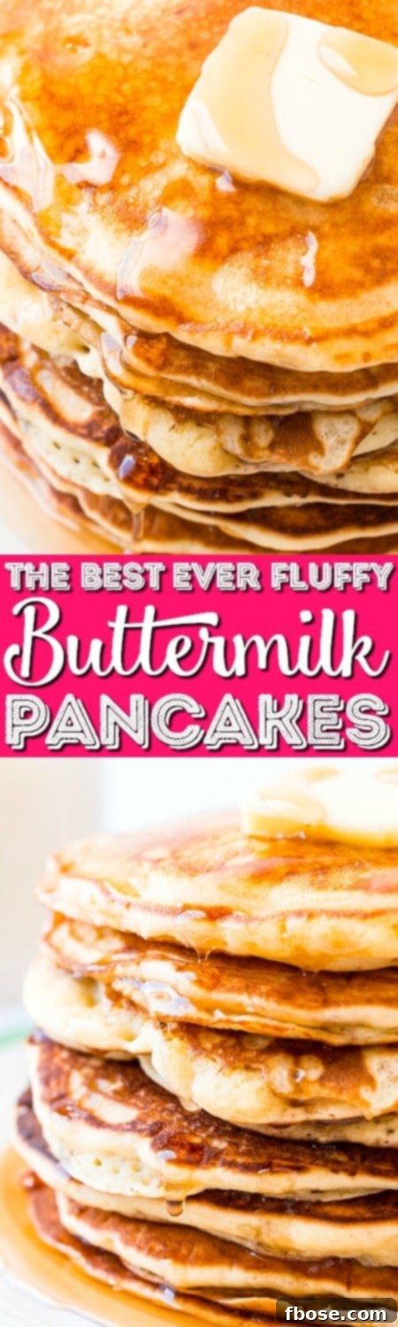 A beautifully styled Pinterest pin image for The Best Homemade Buttermilk Pancakes recipe