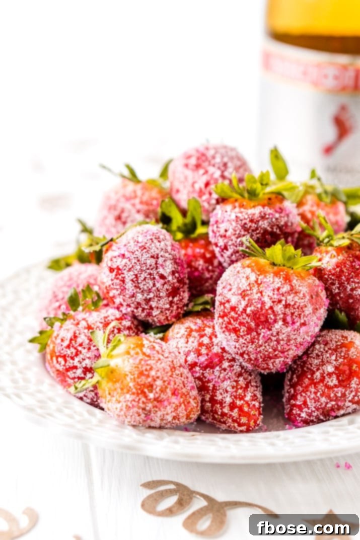 A bowl of Moscato Strawberries being prepared, showcasing the simple two-step process of soaking and sugaring.