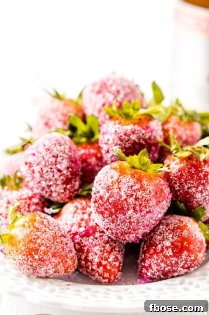 A close-up shot of a single Moscato Strawberry, perfectly coated in glistening sugar, ready to be enjoyed.