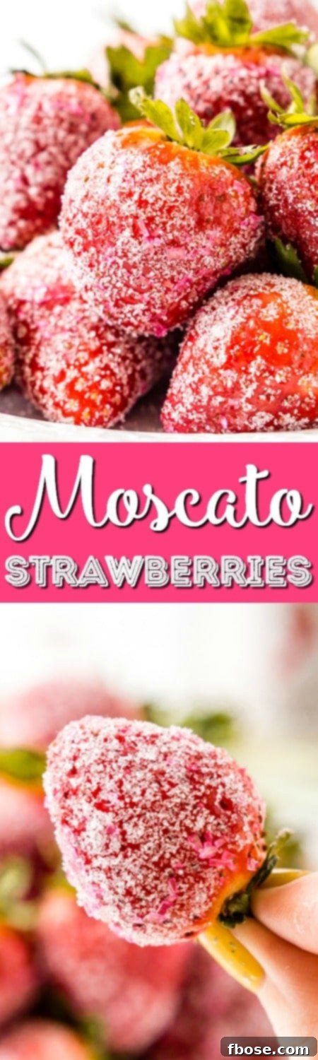 Moscato Strawberries recipe pin graphic, perfect for saving to your Pinterest boards for future party planning.