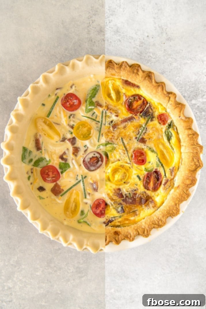 Comparison of Quiche Lorraine before and after baking, showing the transformation.