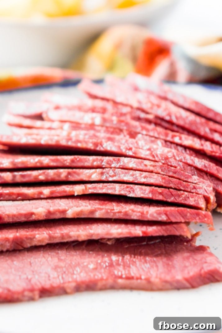 Perfectly Sliced, Juicy Homemade Corned Beef Brisket Close-up view of succulent, thinly sliced corned beef on a serving platter, showcasing its tender texture.