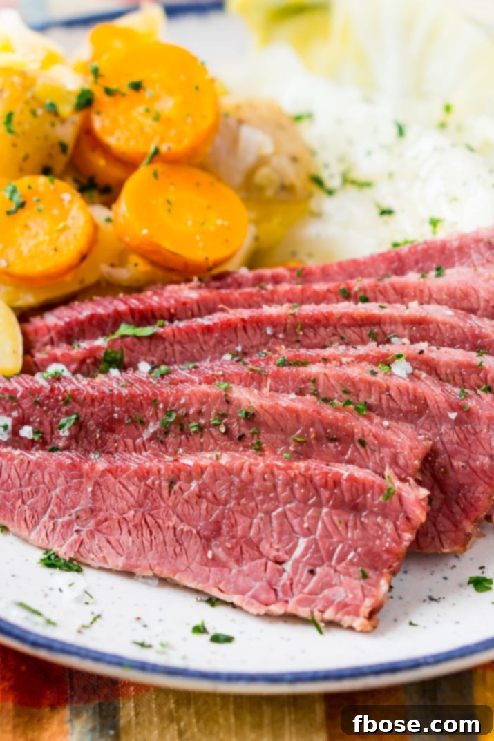 Classic Corned Beef and Cabbage Dinner A beautifully plated serving of corned beef and cabbage, complete with carrots and potatoes, ready for a festive holiday meal.