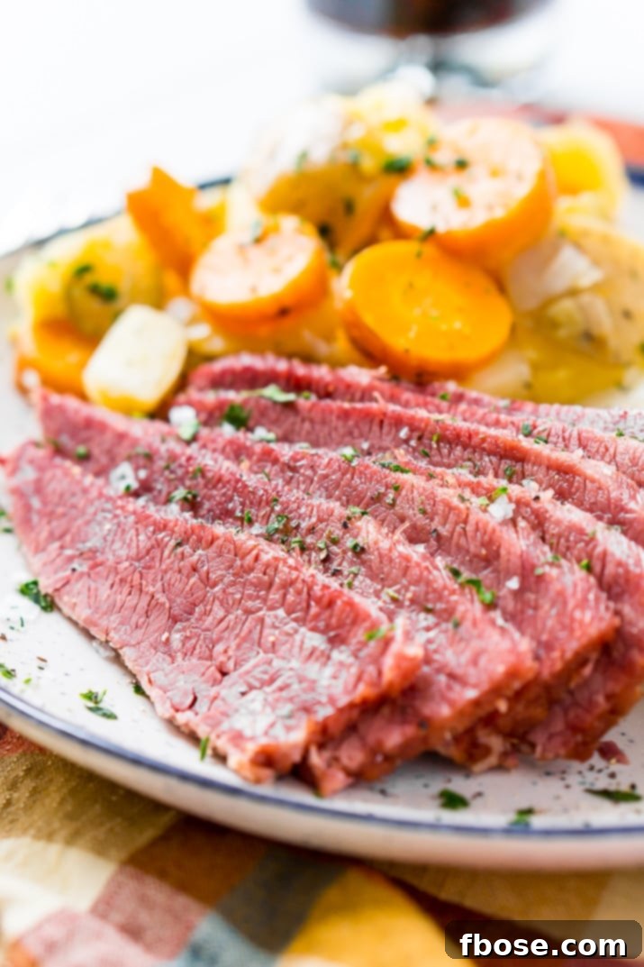 Hearty Corned Beef Meal with Traditional Sides A generous portion of corned beef, accompanied by tender carrots and potatoes, on a white plate, inviting a delicious meal.