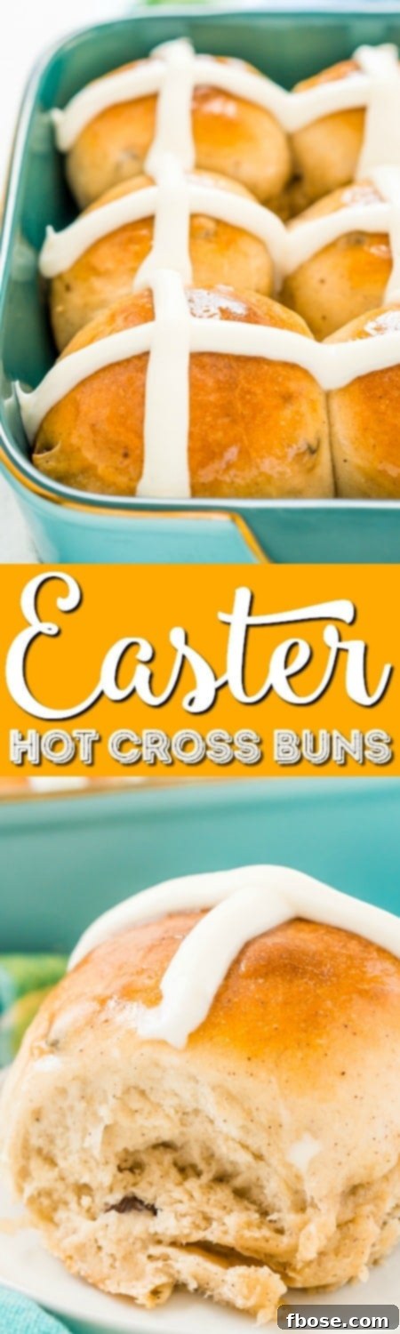 A Pinterest-optimized vertical image of homemade Hot Cross Buns with icing, encouraging readers to save the recipe.
