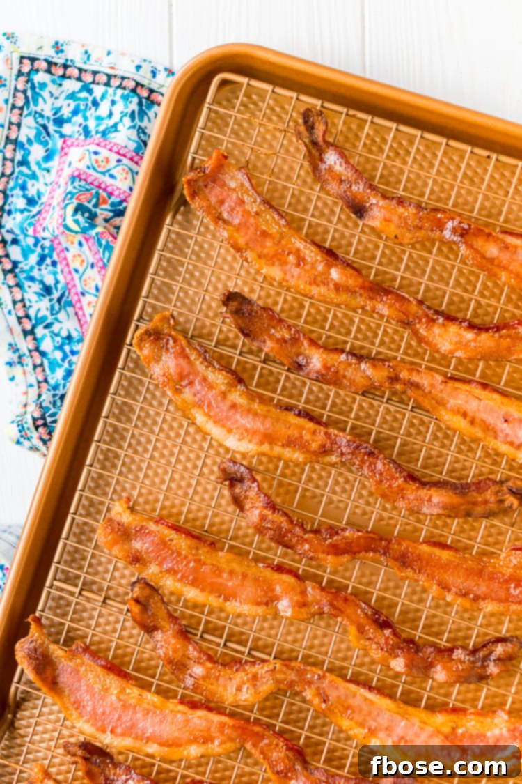 Foolproof Oven Bacon 4 Baking Bacon in the oven is an easy method for cooking perfect bacon, the best part is, no mess! Enjoy the bacon immediately or save for other recipes!