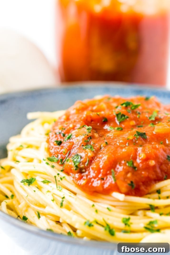 Homemade Pomodoro Sauce on spaghetti in blue bowl Homemade Pomodoro Sauce on spaghetti in blue bowl