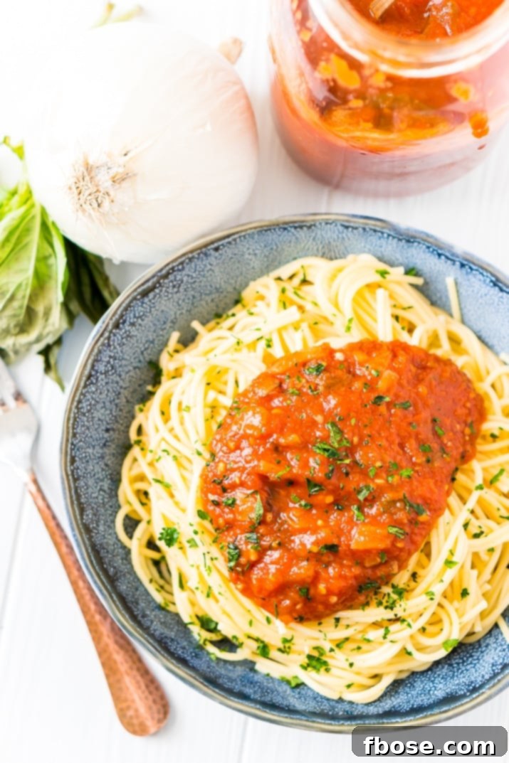 Overhead photo of bowl of spaghetti with pomodoro sauce overhead photo of bowl of spaghetti with pomodoro sauce