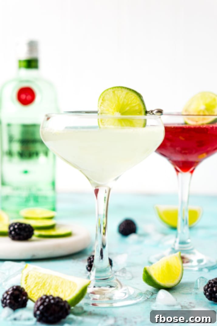 Classic gimlet and blackberry gimlet with fresh limes and blackberries on a rustic wooden table, perfect for a spring or summer gathering.