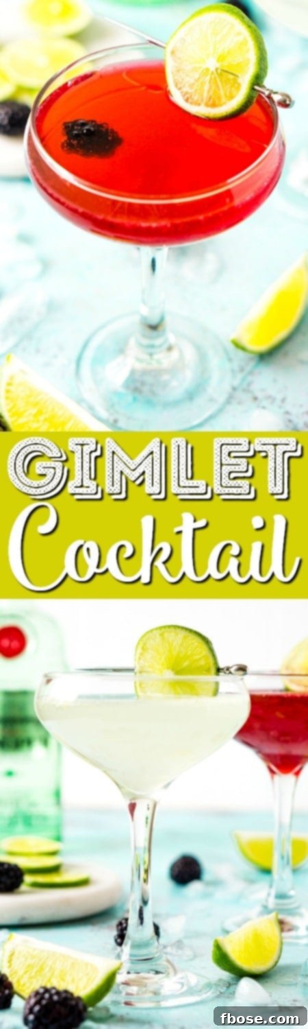 A beautifully composed Pinterest-friendly image featuring both classic and blackberry Gimlets, accompanied by fresh ingredients and bar tools, inviting readers to save the recipe.