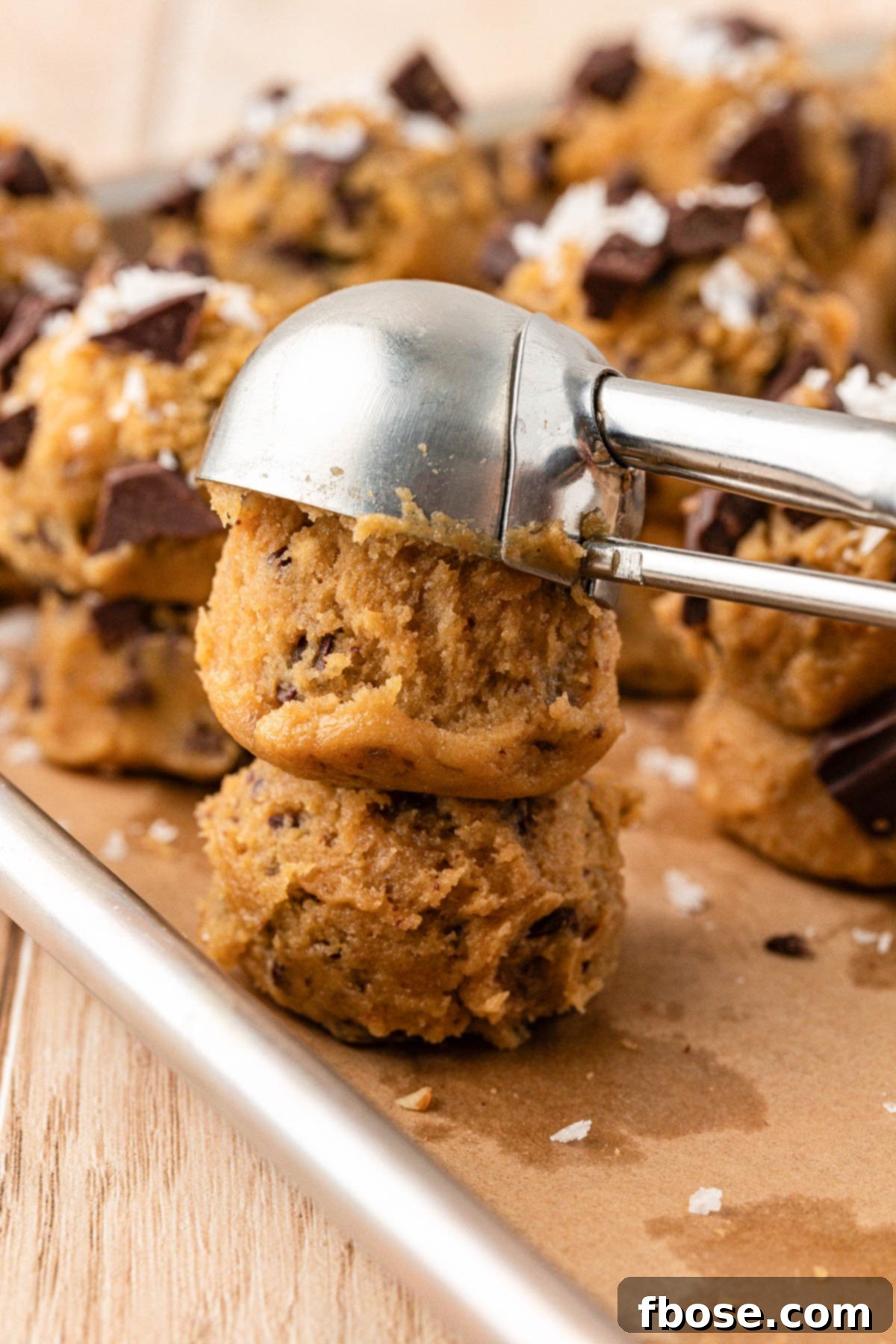 The Definitive Chocolate Chip Cookie 5 Cookie dough being double stacked with a cookie scoop on a baking pan.