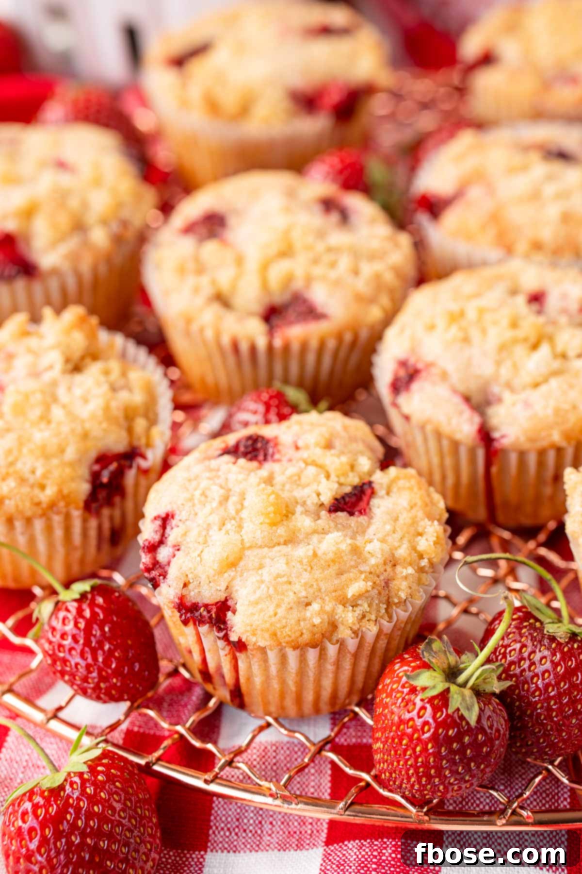 Delicious Strawberry Muffins 2 Strawberry muffins on a copper wire rack on a gingham napkin.