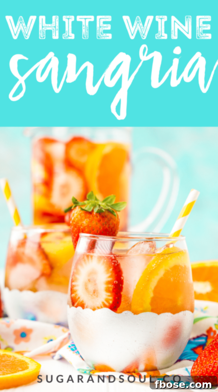 Pin this White Wine Sangria recipe to save for your next summer gathering or party. Made with strawberries, oranges, peaches, Riesling wine, apricot brandy, and club soda for an easy and refreshing cocktail.