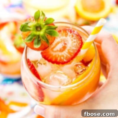 Serving of White Wine Sangria in a glass with fresh fruit.