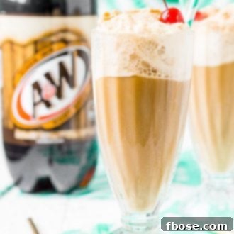 Two root beer floats in glasses with a two-liter bottle of root beer in the background
