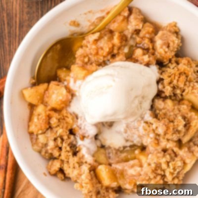 Overhead photo of a bowl of apple crisp with a scoop of ice cream on top.