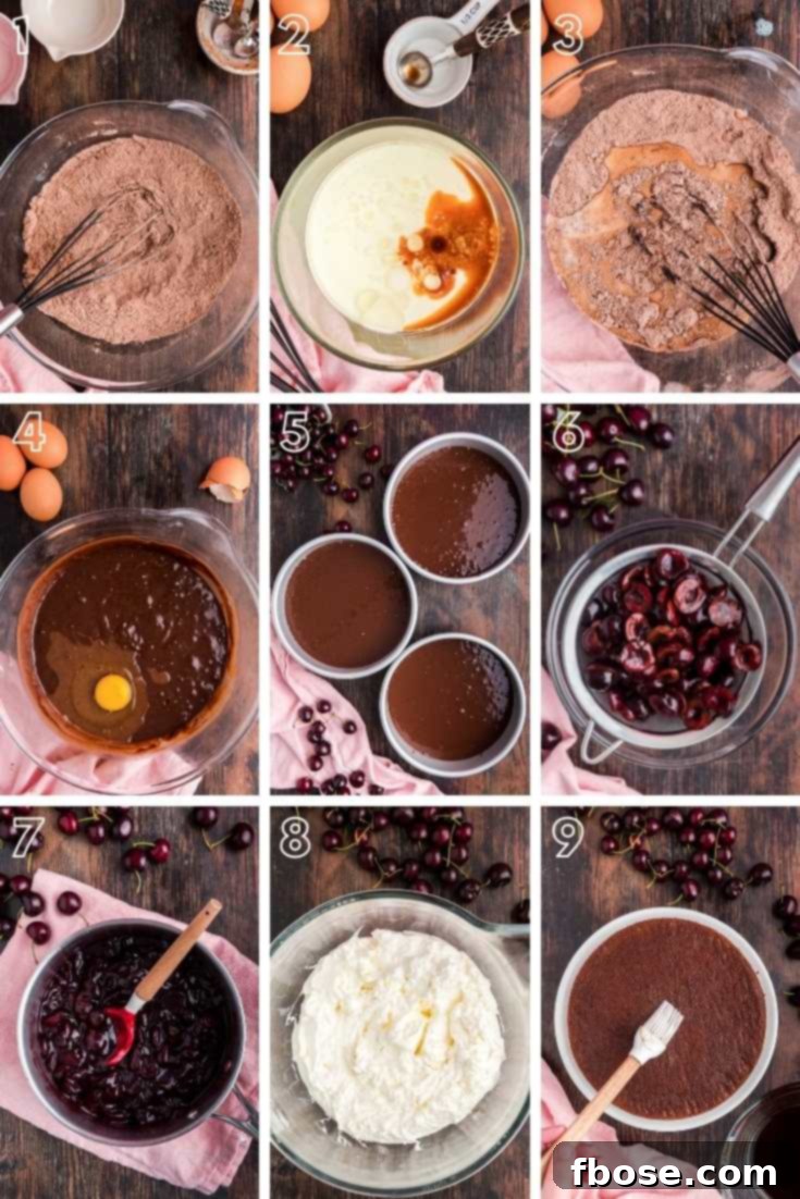Step-by-step photo collage showing how to make black forest cake from scratch.