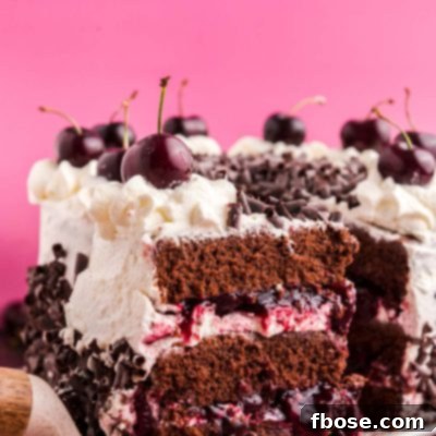Close up photo of a slice of black forest cake on a cake server being pulled away from the rest of the cake.
