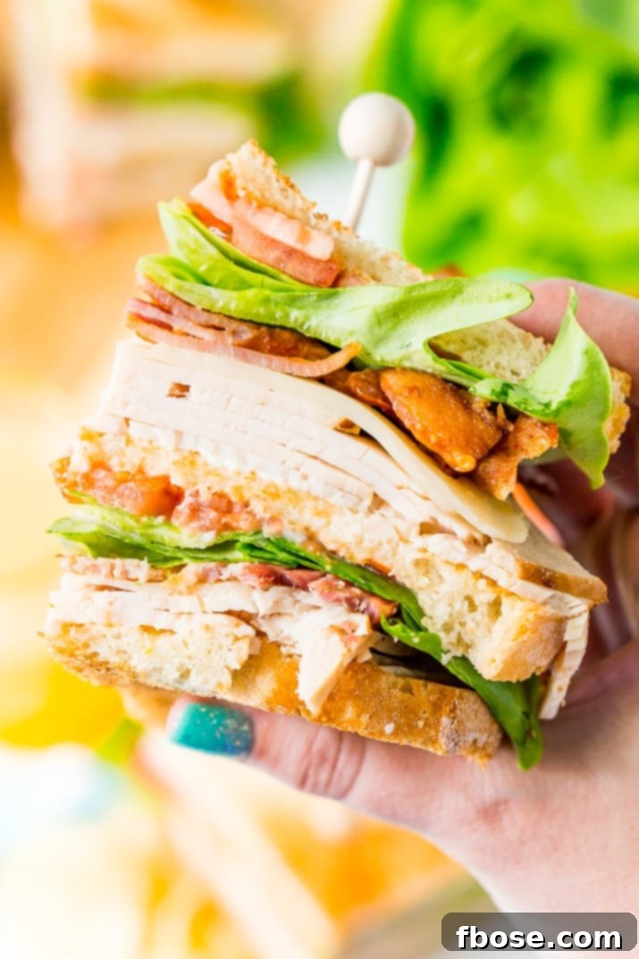 Enjoying a classic Club Sandwich outdoors. This portable and delicious meal is perfect for picnics, beach trips, or a casual lunch on the deck, celebrating summer with good food and company.