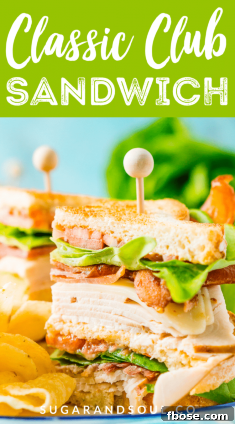 Pin this easy and classic Club Sandwich Recipe made with hickory smoked turkey breast, Swiss cheese, thick-cut bacon, lettuce, tomato, and mayonnaise for a fantastic lunch or light dinner!