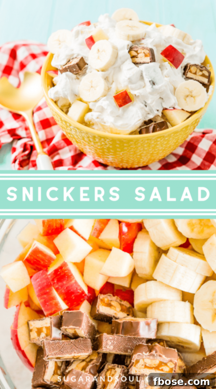 Snickers Salad 6 This Snickers Salad is an easy and addictive 4-ingredient no-bake dessert salad made with Snickers, banana, apples, and Cool Whip!