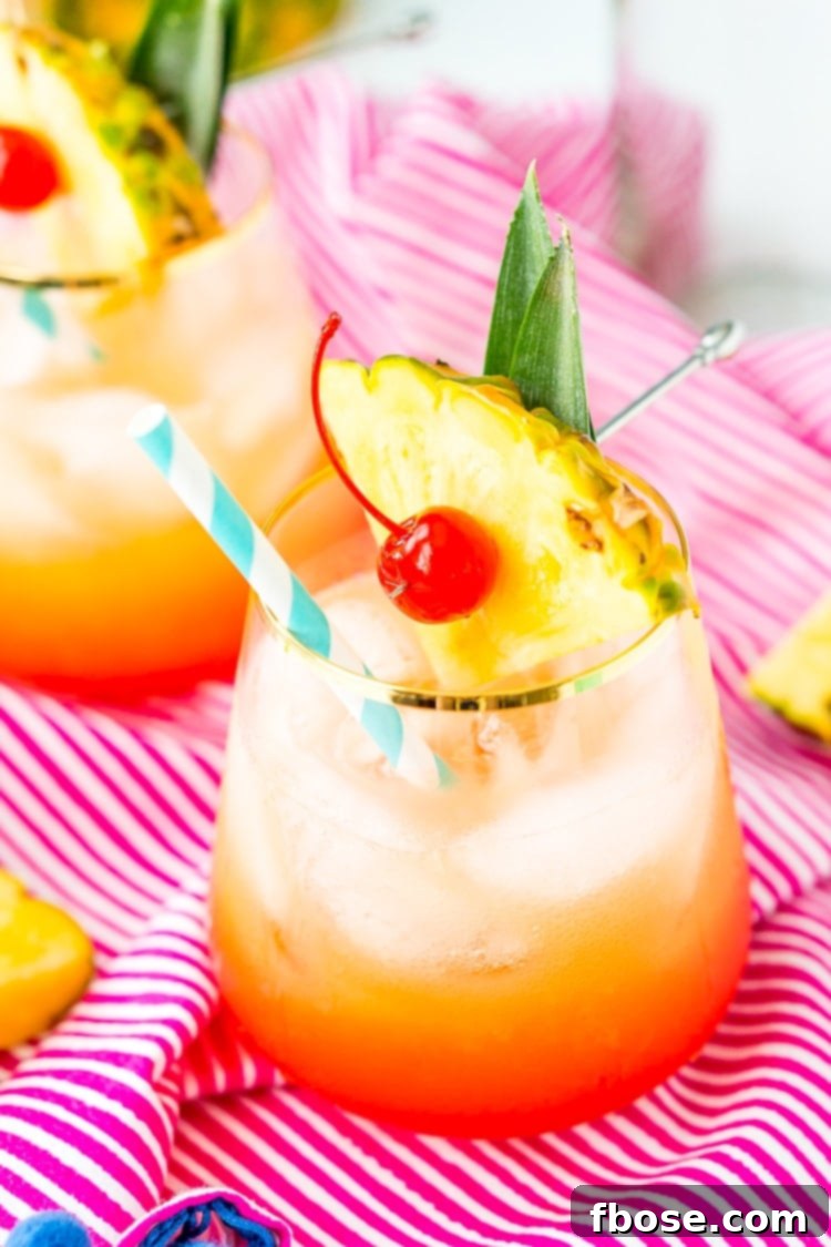 Ingredients for a Mai Tai cocktail laid out on a table, including rum bottles, fruit juices, and garnishes.