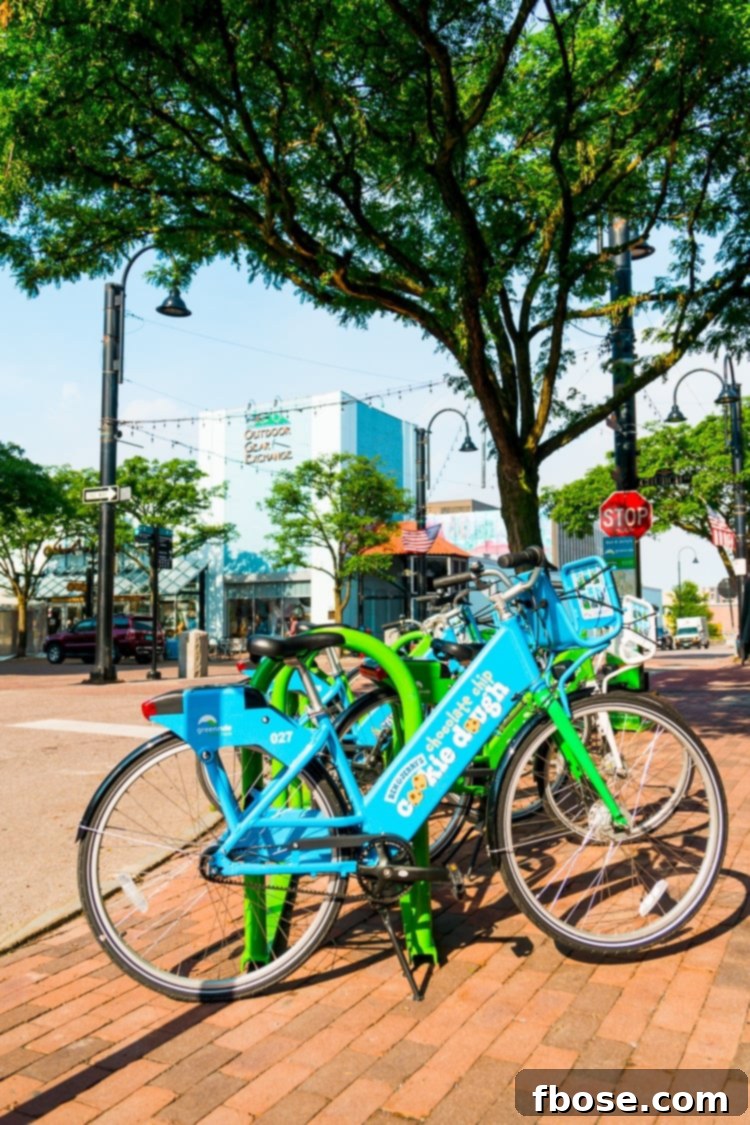 Unlocking Burlington: Essential Experiences in Vermont 13 Bicycles available for rent, featuring the iconic Ben & Jerry's logo, symbolizing fun and eco-friendly exploration in Burlington.