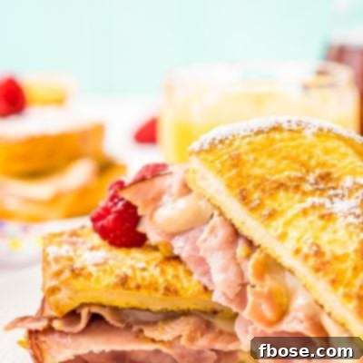 A mouthwatering Monte Cristo Sandwich, golden brown and enticing, perfectly balancing savory ham and melted cheese with a sweet French toast coating.