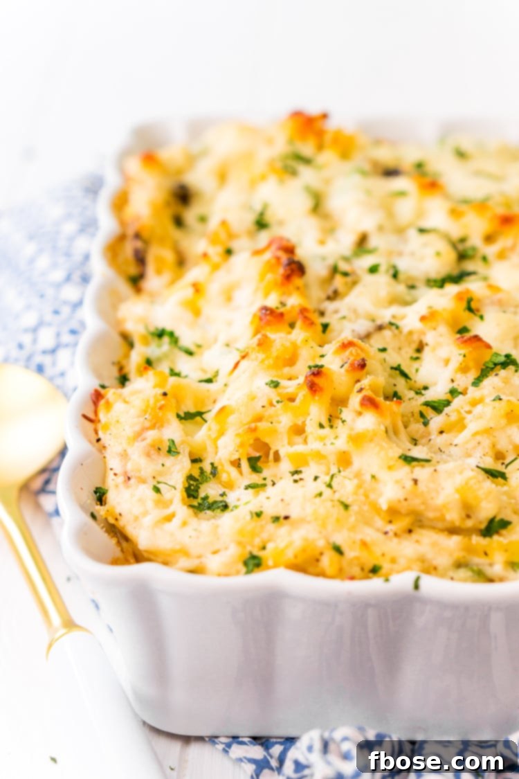 Close-up of baked Chicken Tetrazzini with a golden cheese topping.