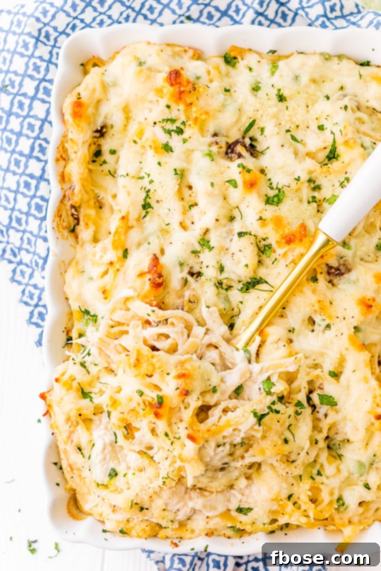 A large pan of Chicken Tetrazzini ready to be served.