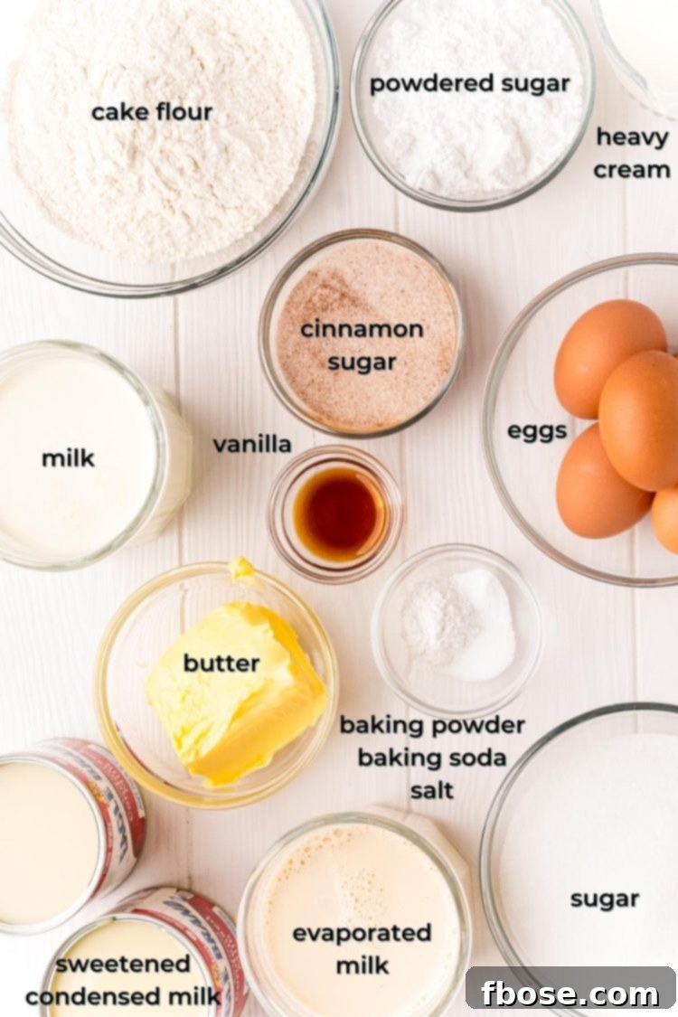 Tres Leches Cake 4 Overhead photo of the ingredients laid out on a white table for making tres leches cake.