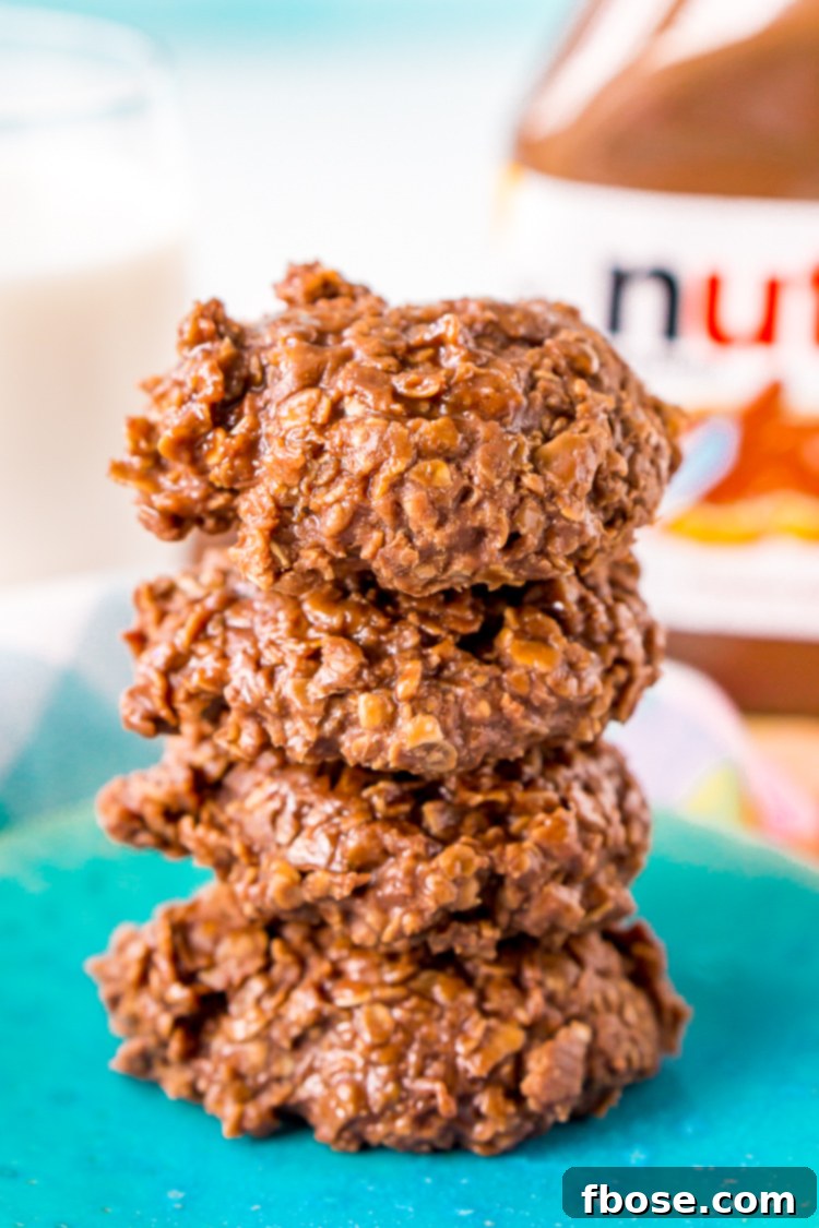Assortment of Nutella No Bake Cookies arranged on a serving plate, highlighting their inviting appeal as a family-friendly dessert.