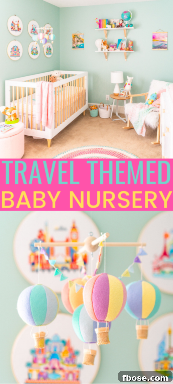 A beautifully curated visual summary of Evie's Travel Themed Nursery, showcasing simple, stylish inspiration for a baby girl's room with custom pieces, modern furniture, and global decor.