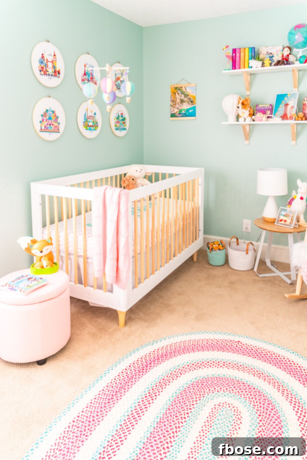 A bright and inviting baby girl's travel-inspired nursery, featuring a rocking chair, crib, and global decor.