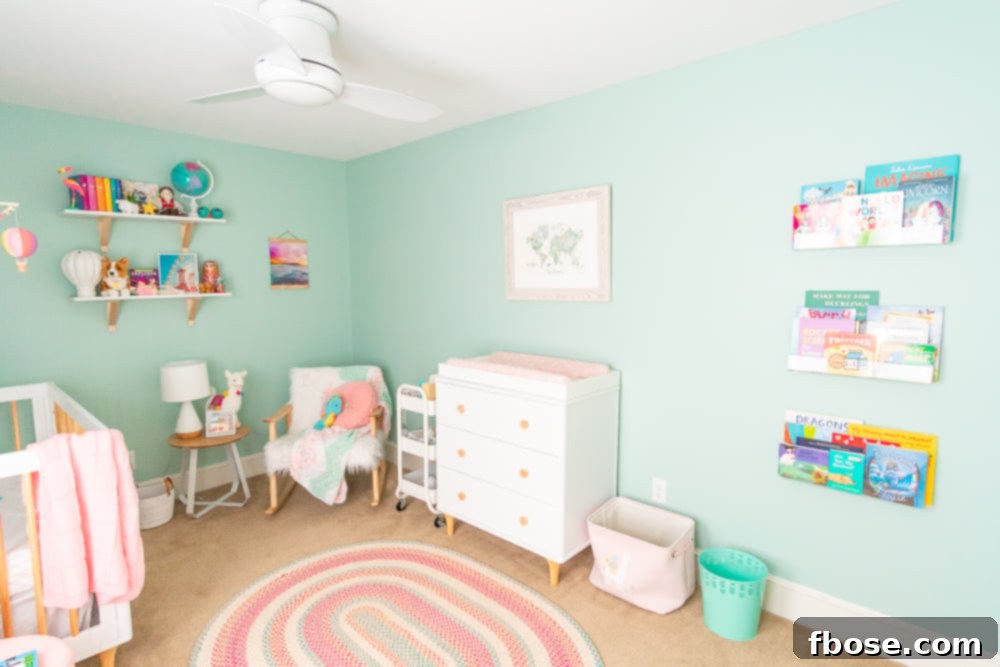 A curated shelf in the travel-themed nursery, showcasing global decor and personal touches, emphasizing style and sentiment.