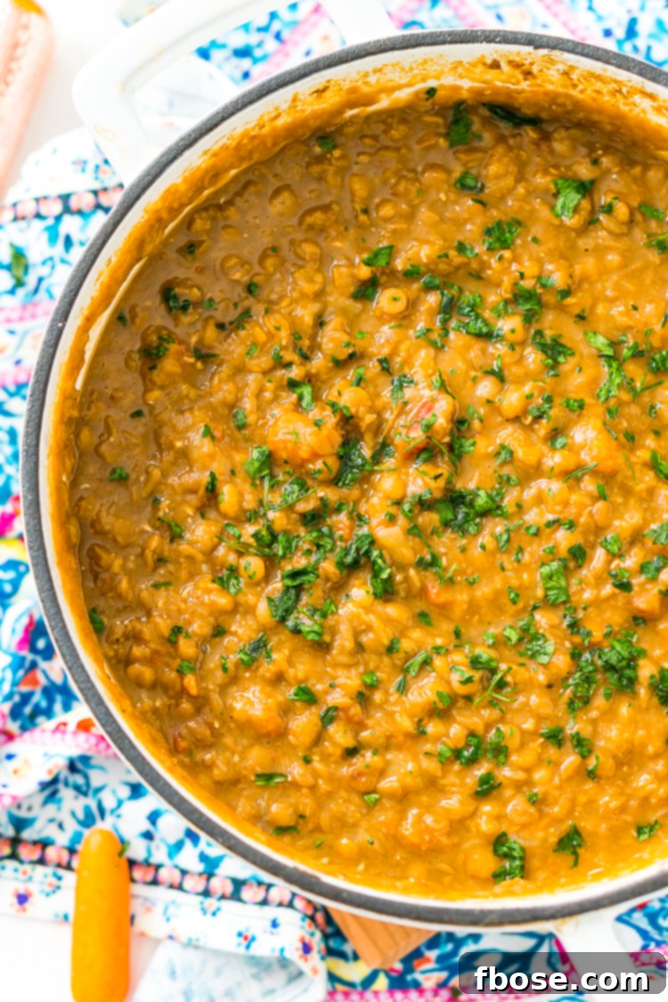 Close-up of lentil soup simmering in a Dutch oven, highlighting the textures of vegetables and lentils.