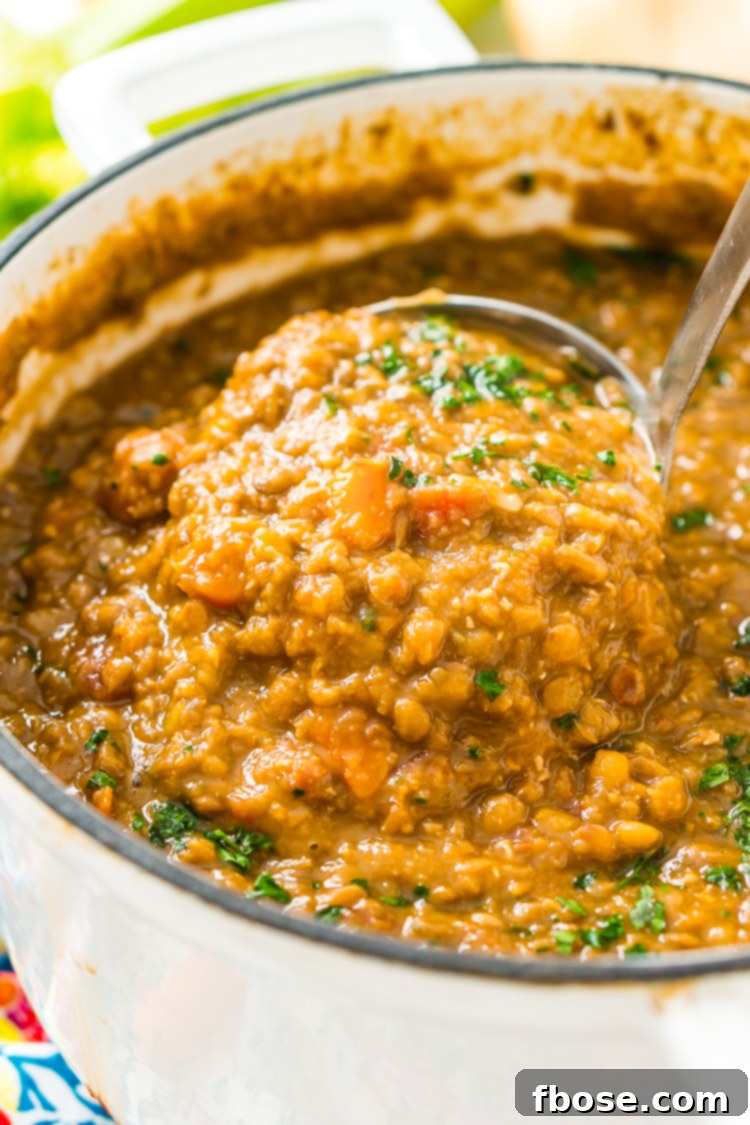 A vibrant bowl of lentil soup, topped with a swirl of cream and fresh parsley, ready to be served.