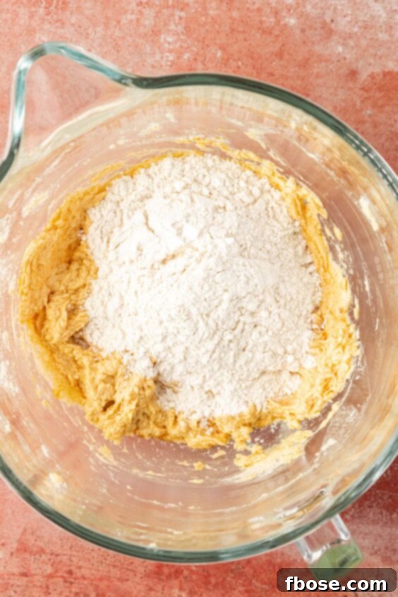 Flour being added to cookie dough in a bowl.