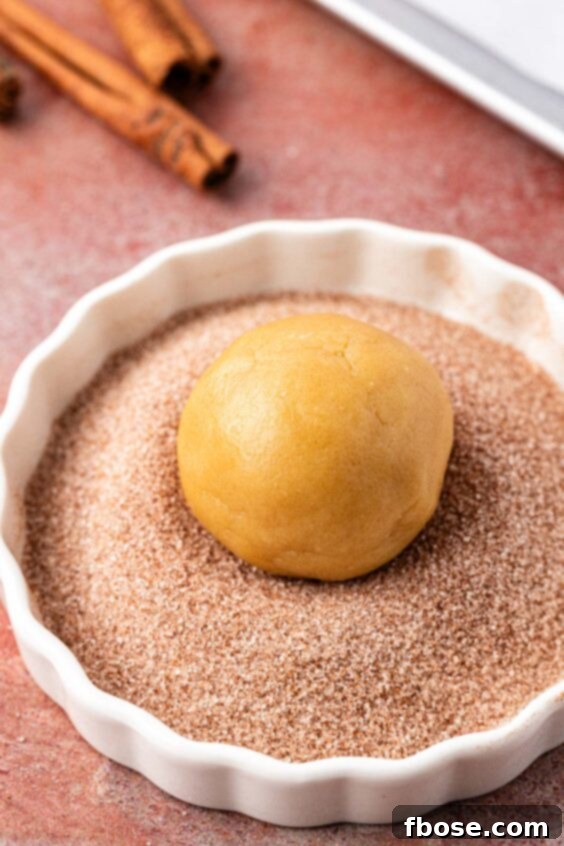 A ball of cookies dough being rolled in cinnamon sugar.