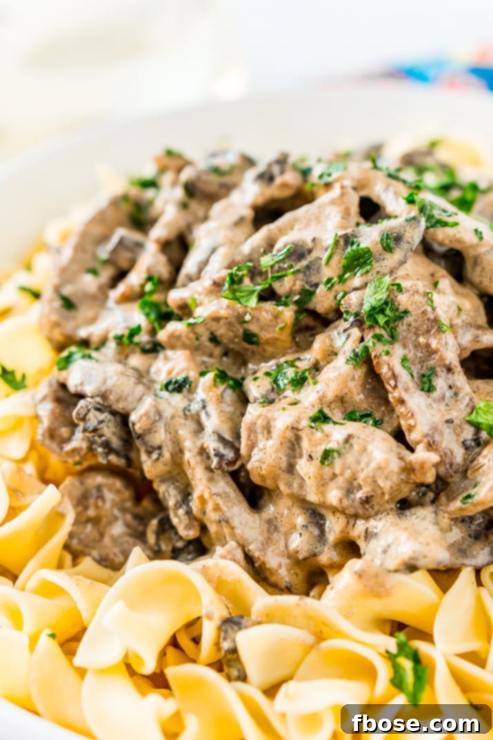 Beef Stroganoff is a delicious dinner recipe made with tender ribeye steak sautéed in a buttery mushroom and sour cream sauce and served over egg noodles.