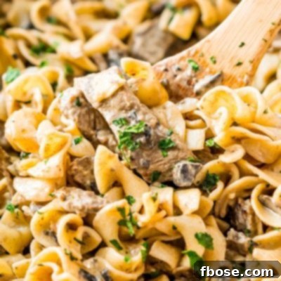 Beef Stroganoff is a delicious dinner recipe made with tender ribeye steak sautéed in a buttery mushroom and sour cream sauce and served over egg noodles.