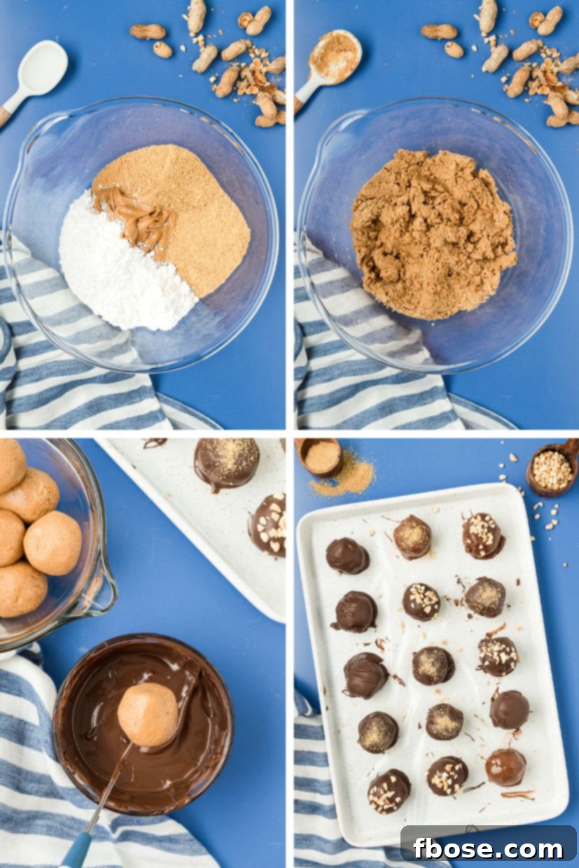 Chilled Peanut Butter Bliss Balls 5 Step-by-step photo collage showing how to make peanut butter balls.